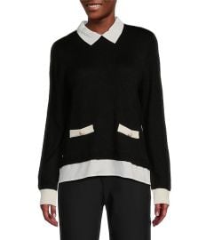 KARL LAGERFELD PARIS Merino Collared Shirt Pullover Sweater Colorblock Twofer at Dillards